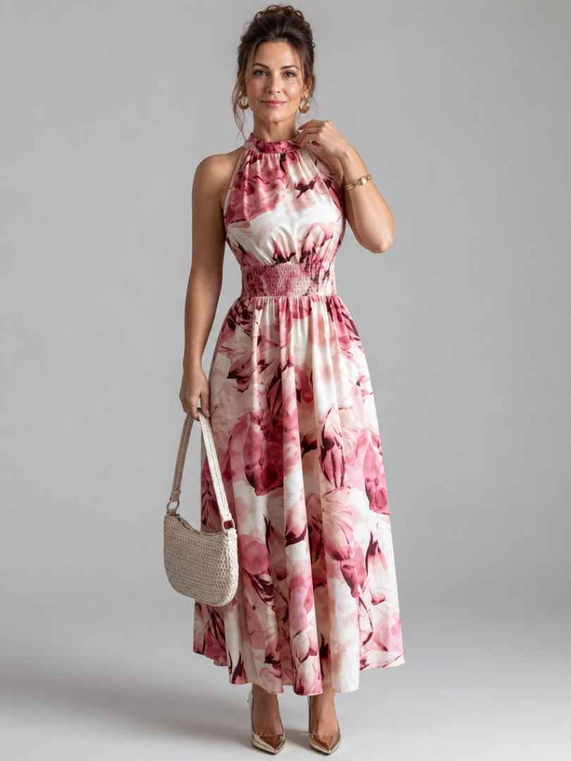 Halter Neck Smocked Waist Floral Print Maxi Dress 6