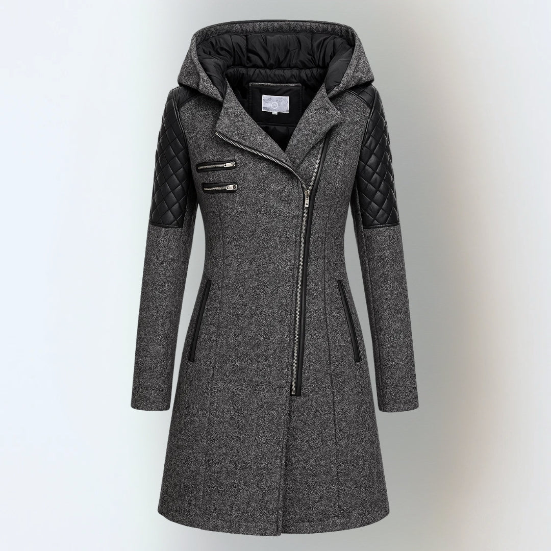 Hooded Quilted Faux Leather Sleeve Zip Front Coat 2