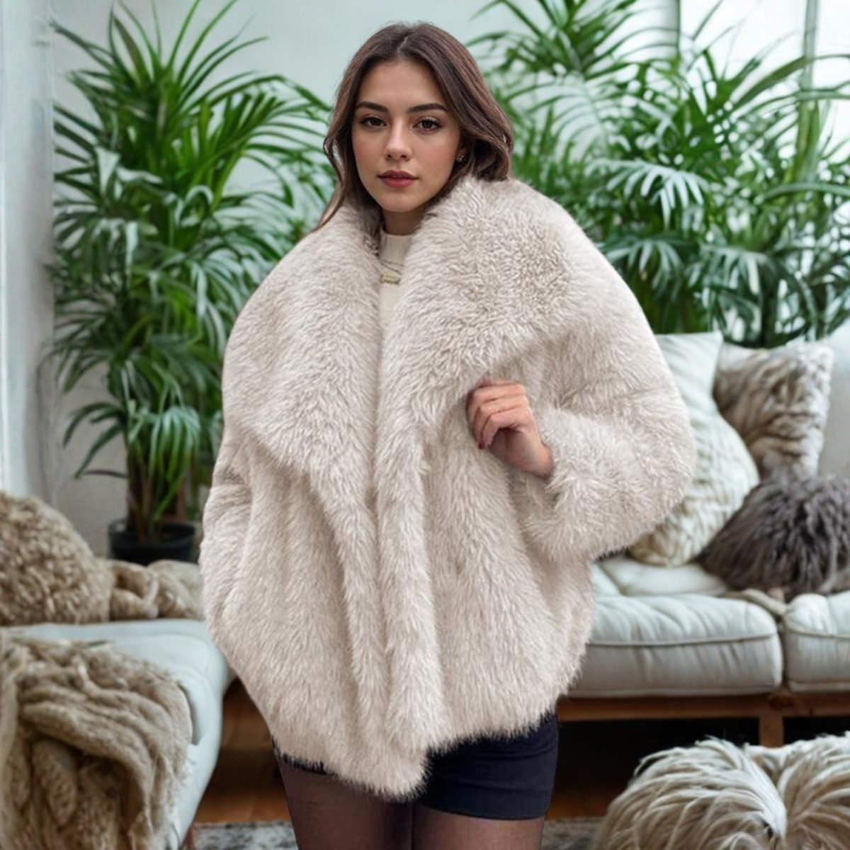 Shawl Collar Faux Fur Cropped Jacket 7