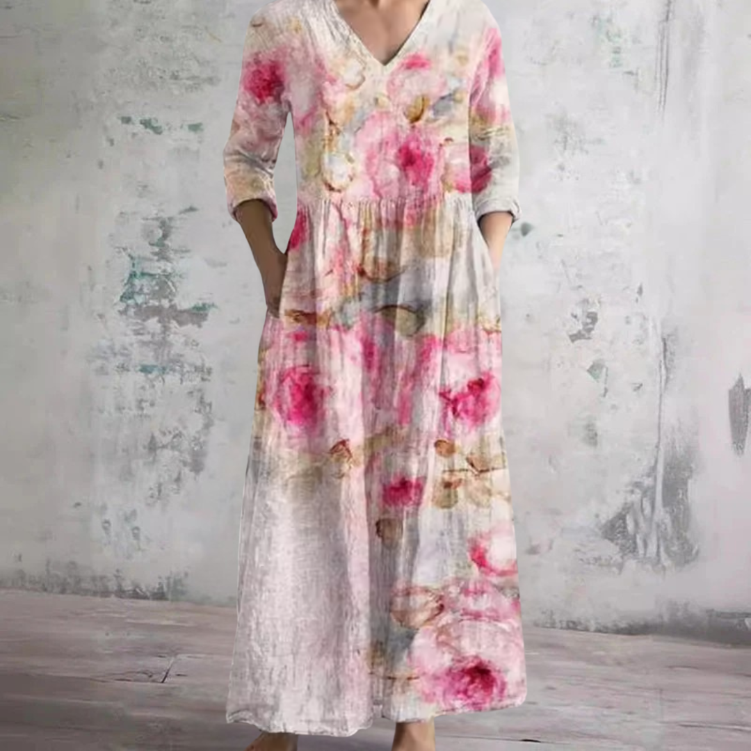 Watercolor Rose V-Neck Three Quarter Sleeve Maxi Dress