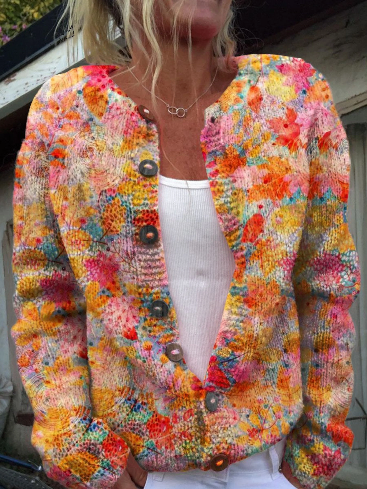 Floral Print Round Neck Button Front Knit Cardigan