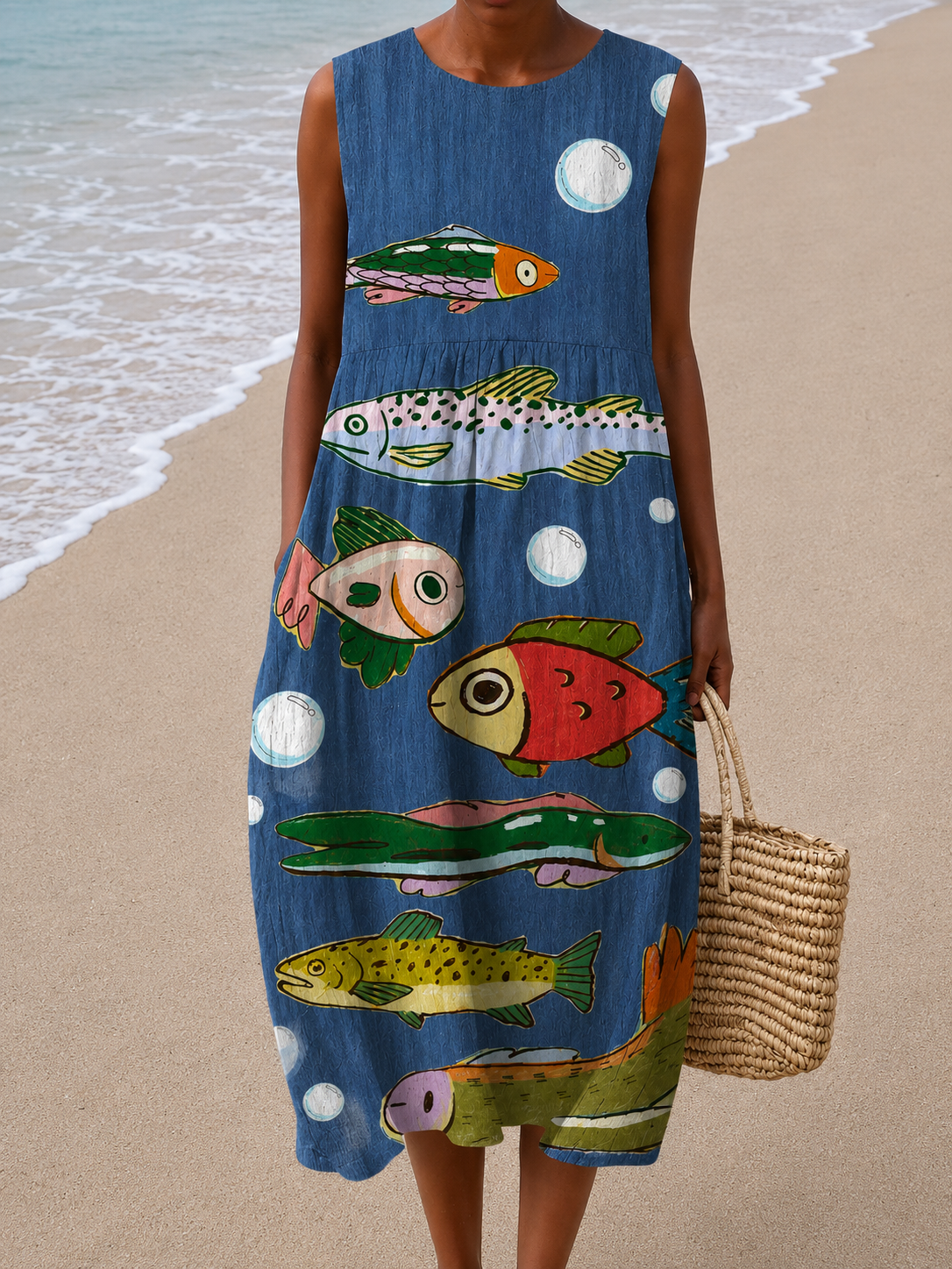 Fish Print Crew Neck Sleeveless Midi Dress
