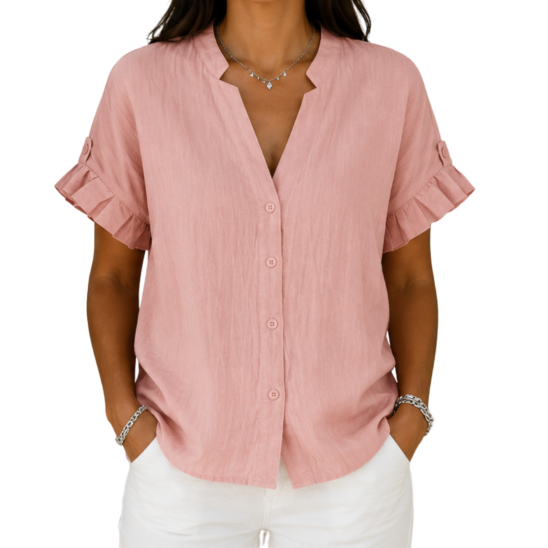 Notch Neck Ruffle Short Sleeve Button Front Blouse 8