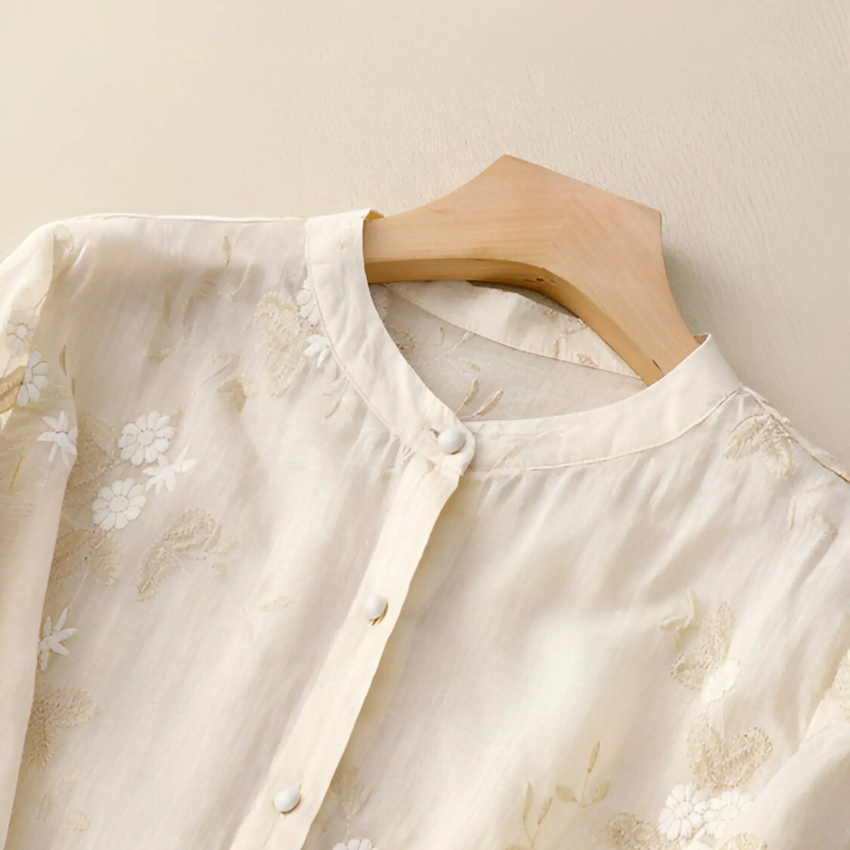 Stand Collar Floral Embroidered Sheer Button Front Blouse 5