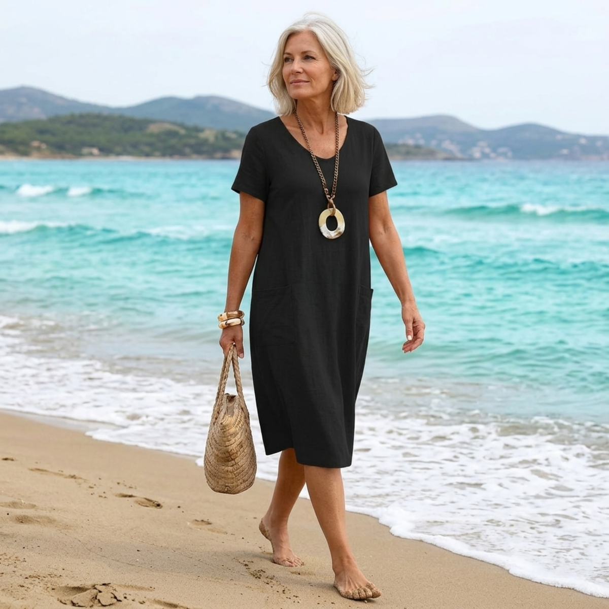 V-Neck Short Sleeve Pocket Shift Dress