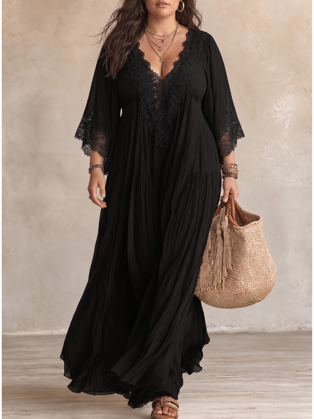Lace Trim V-Neck Long Sleeve Boho Flowy Maxi Dress 4