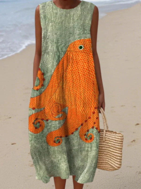 Octopus Print Round Neck Sleeveless Pocket Midi Dress