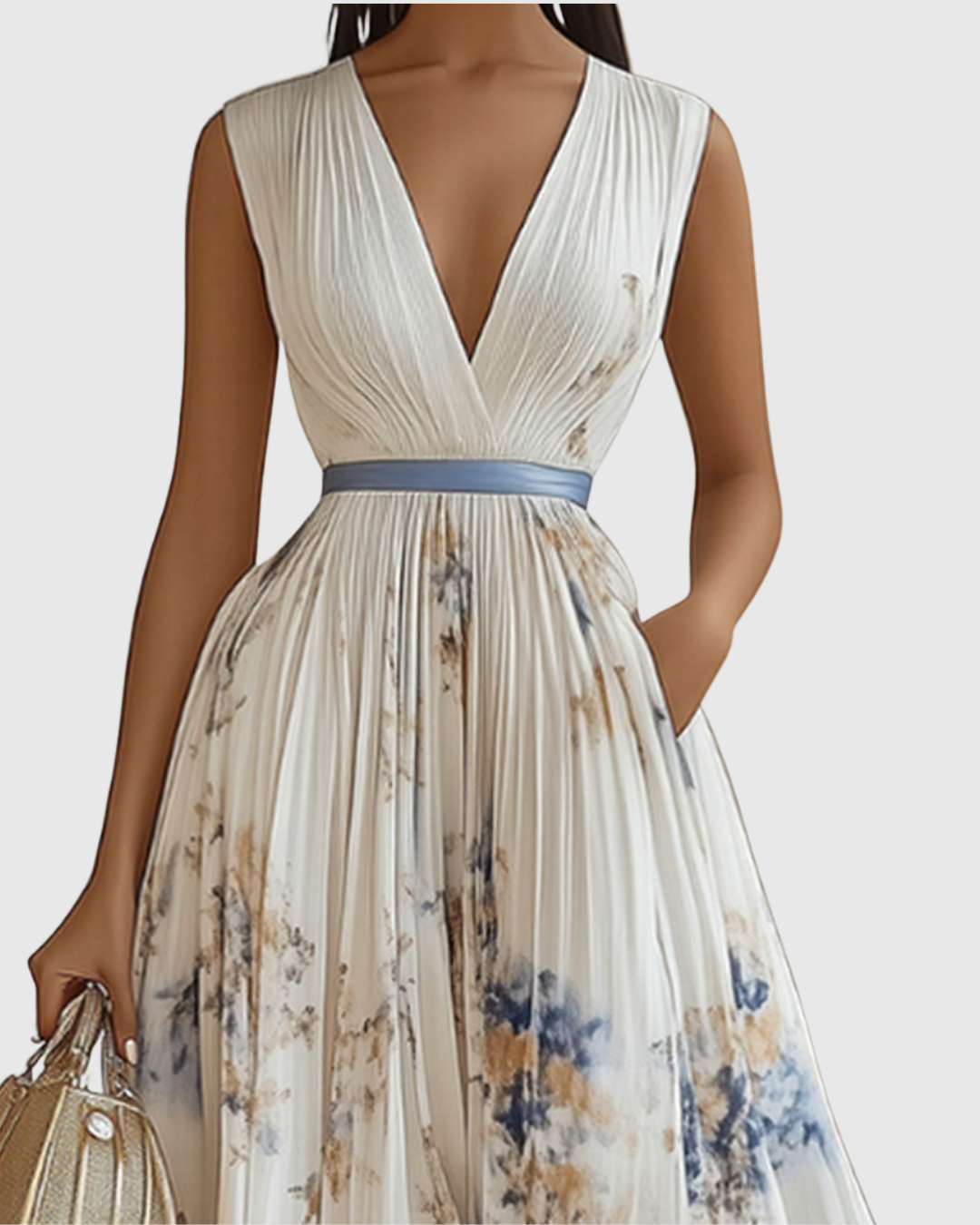 Floral Deep V-Neck Pleated Belted Midi Dress 2