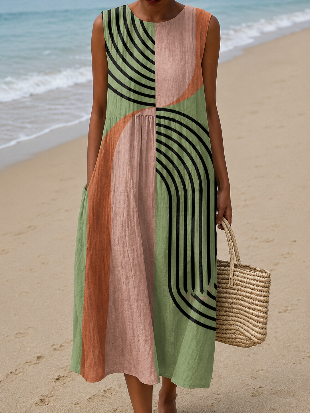 Geometric Arch Print Sleeveless Tiered Pocket Midi Dress