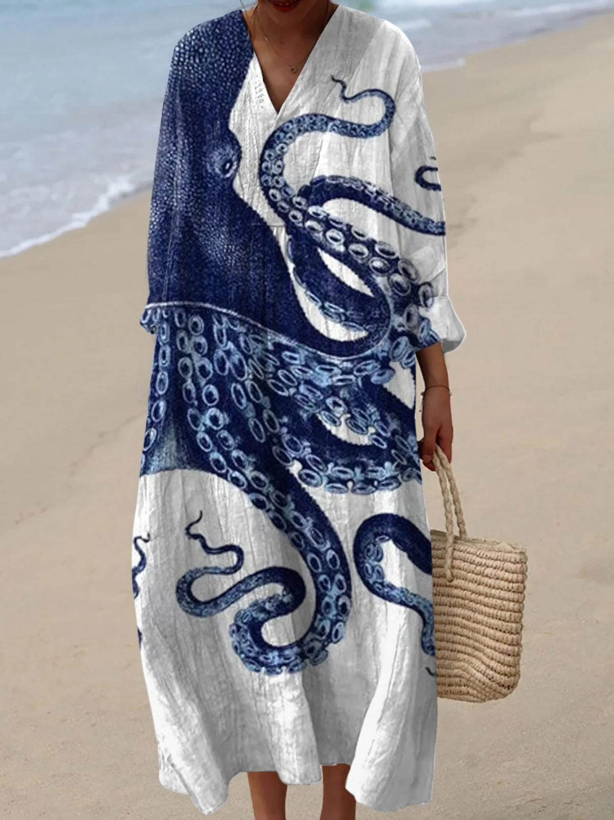 Octopus Print V-Neck Long Sleeve Maxi Dress