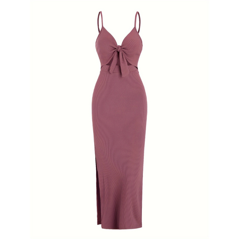 Ribbed Knot Front Cut Out Spaghetti Strap Split Maxi Dress 4