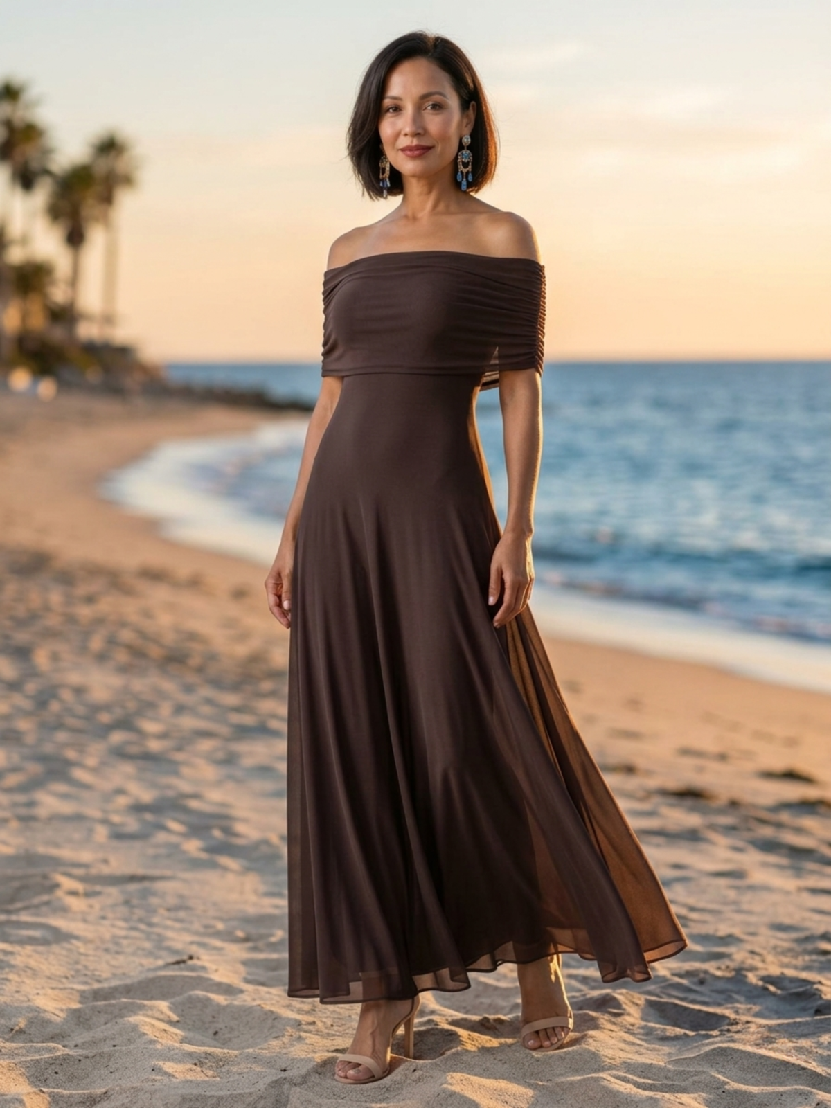 Off Shoulder Ruched Short Sleeve Chiffon Fit and Flare Maxi Dress