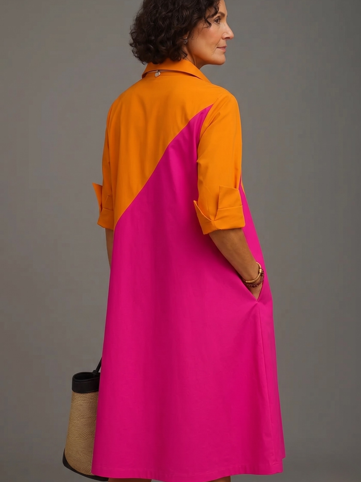 Diagonal Panel Collared Half Sleeve A-Line Midi Shirt Dress 2