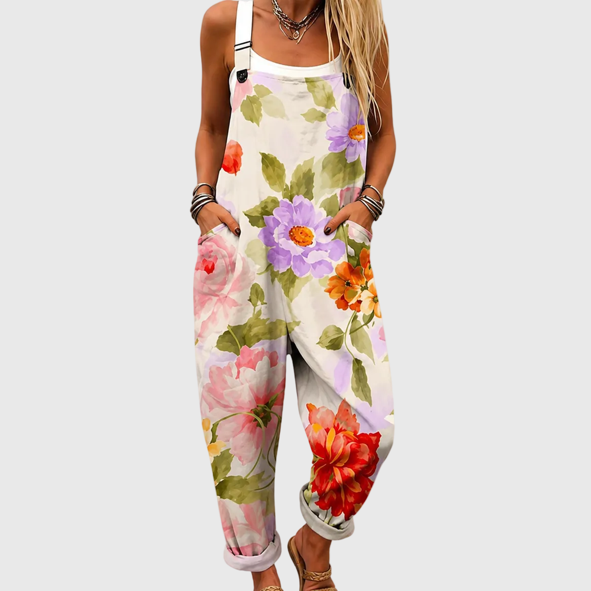 Floral Pocket Wide Leg Overall Jumpsuit