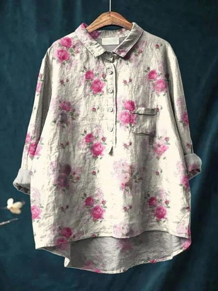Watercolor Floral Print Long Sleeve Button Blouse 12