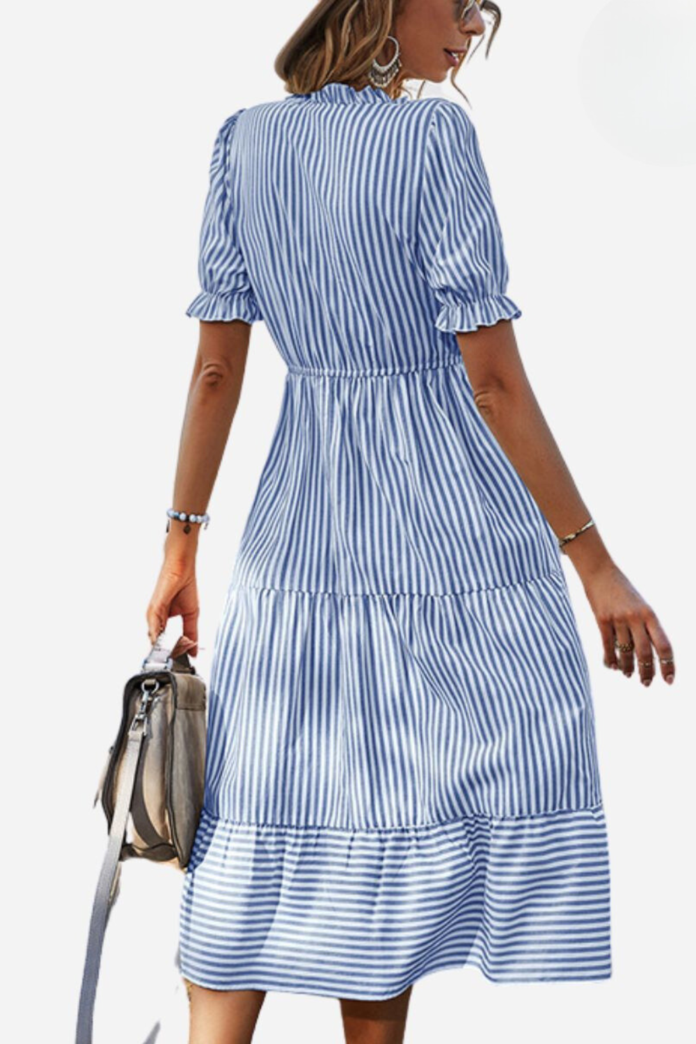 Stripe Print Tiered Drawstring Waist Puff Sleeve Midi Dress - View 7