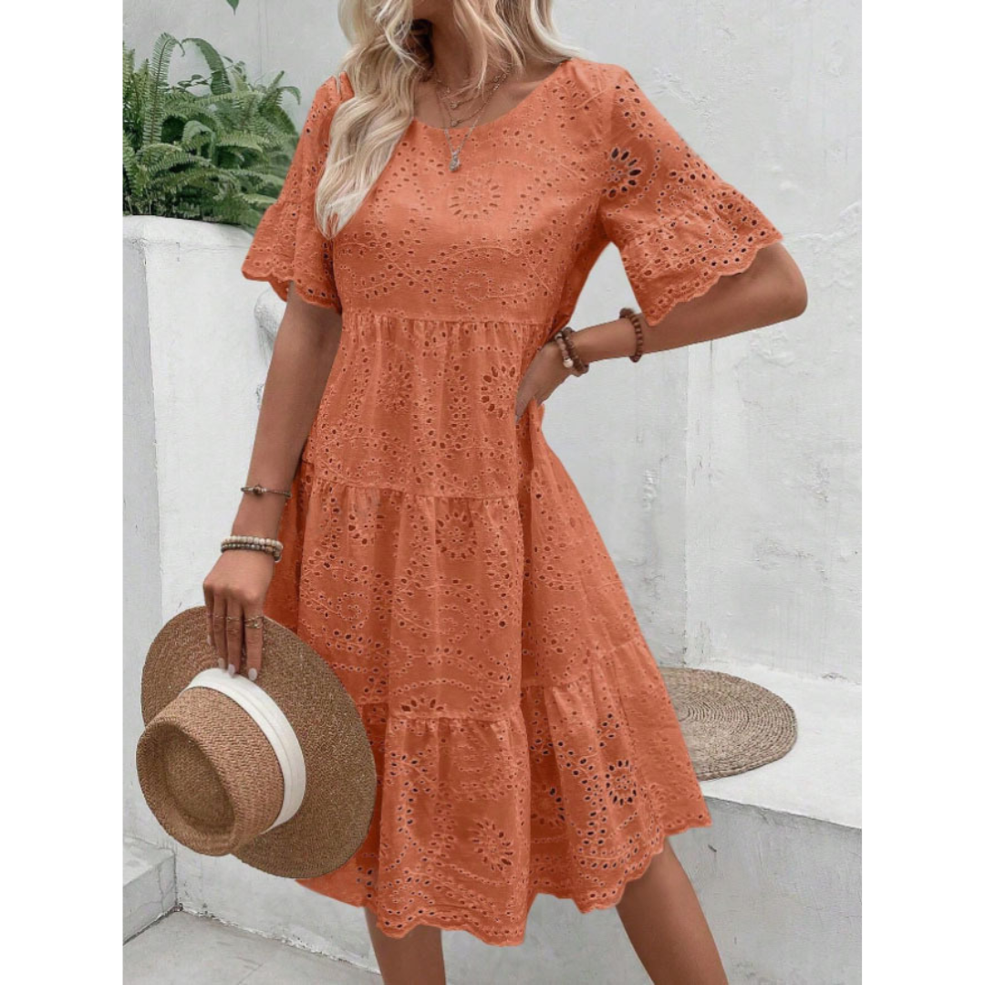 Broderie Eyelet Round Neck Flutter Sleeve Tiered Mini Dress 8