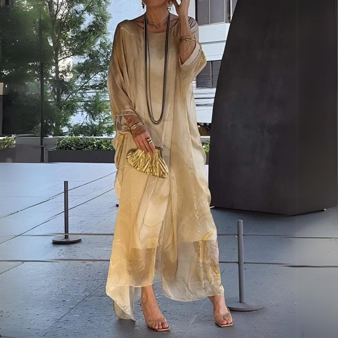 Marble Print Batwing Sleeve Sheer Overlay Kaftan Maxi Dress - View 2
