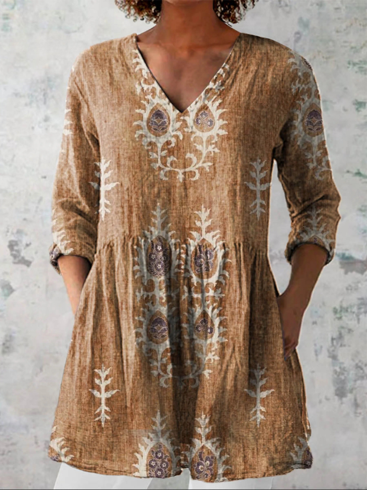 Damask Print V-Neck Long Sleeve Peplum Tunic Top 4