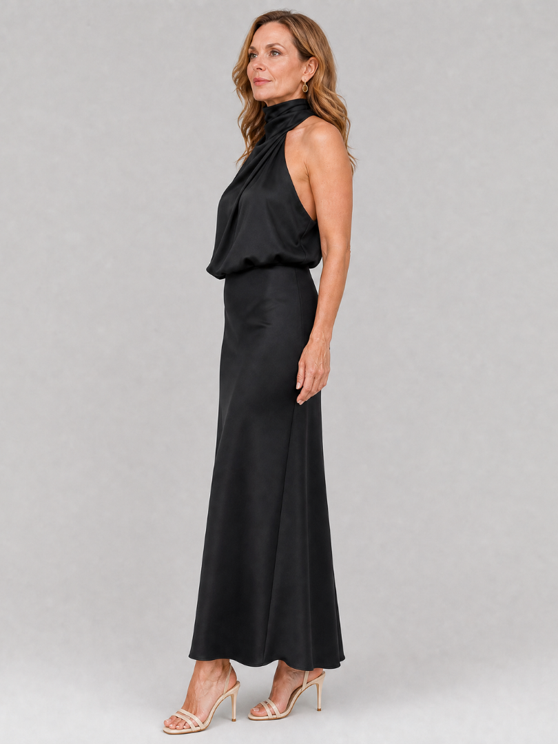 Satin Halter Neck Draped Maxi Dress 9