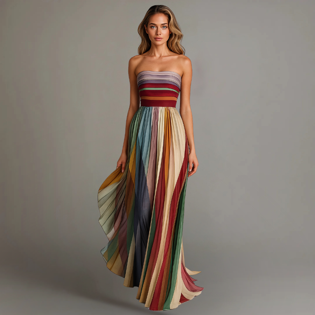 Striped Strapless Sweetheart Pleated Maxi Dress 4