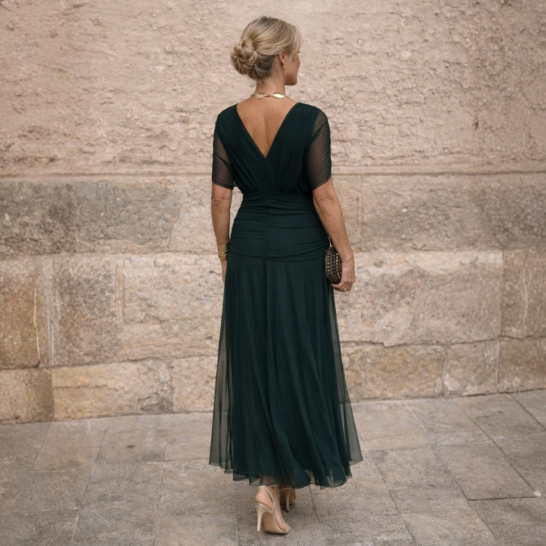 V-Neck Ruched Wrap Short Sleeve Chiffon Maxi Dress 11