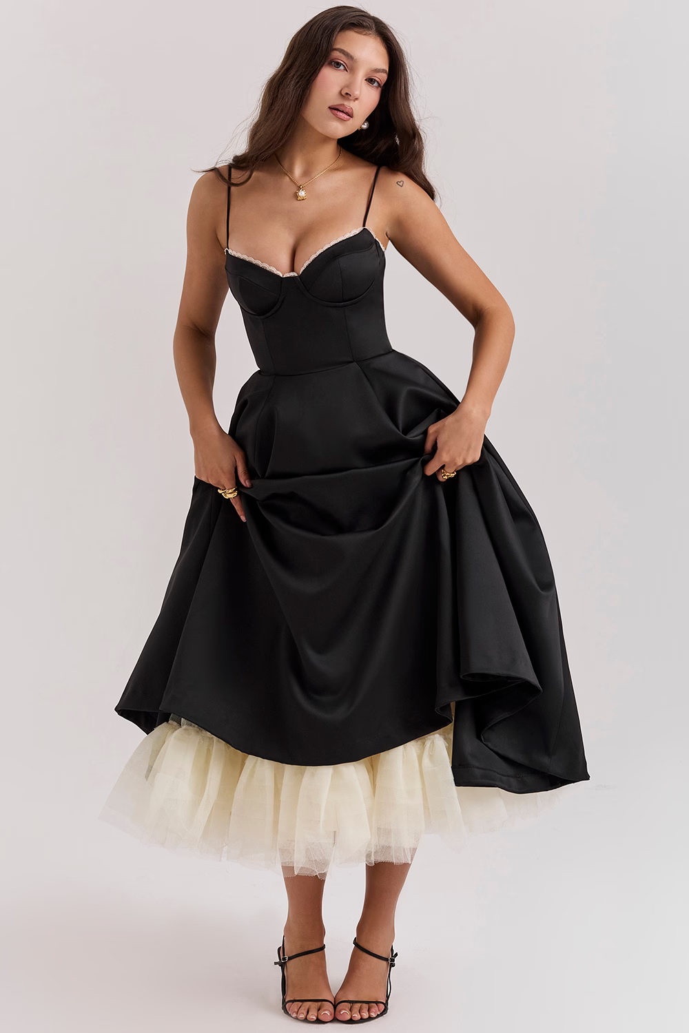 Satin Bustier Sweetheart Lace Trim Pleated Fit and Flare Midi Dress - View 11