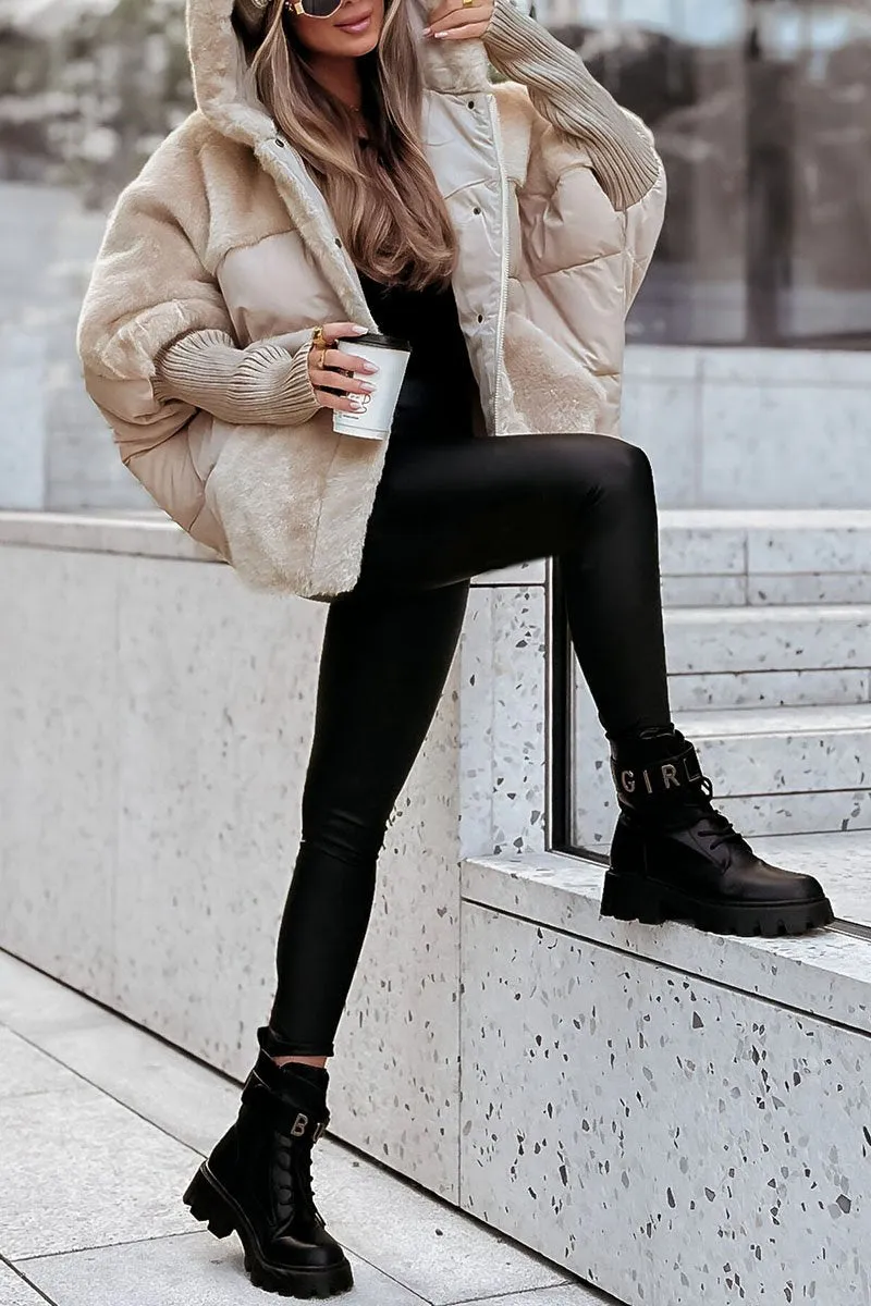 Hooded Faux Fur Ribbed Cuff Padded Puffer Jacket 9