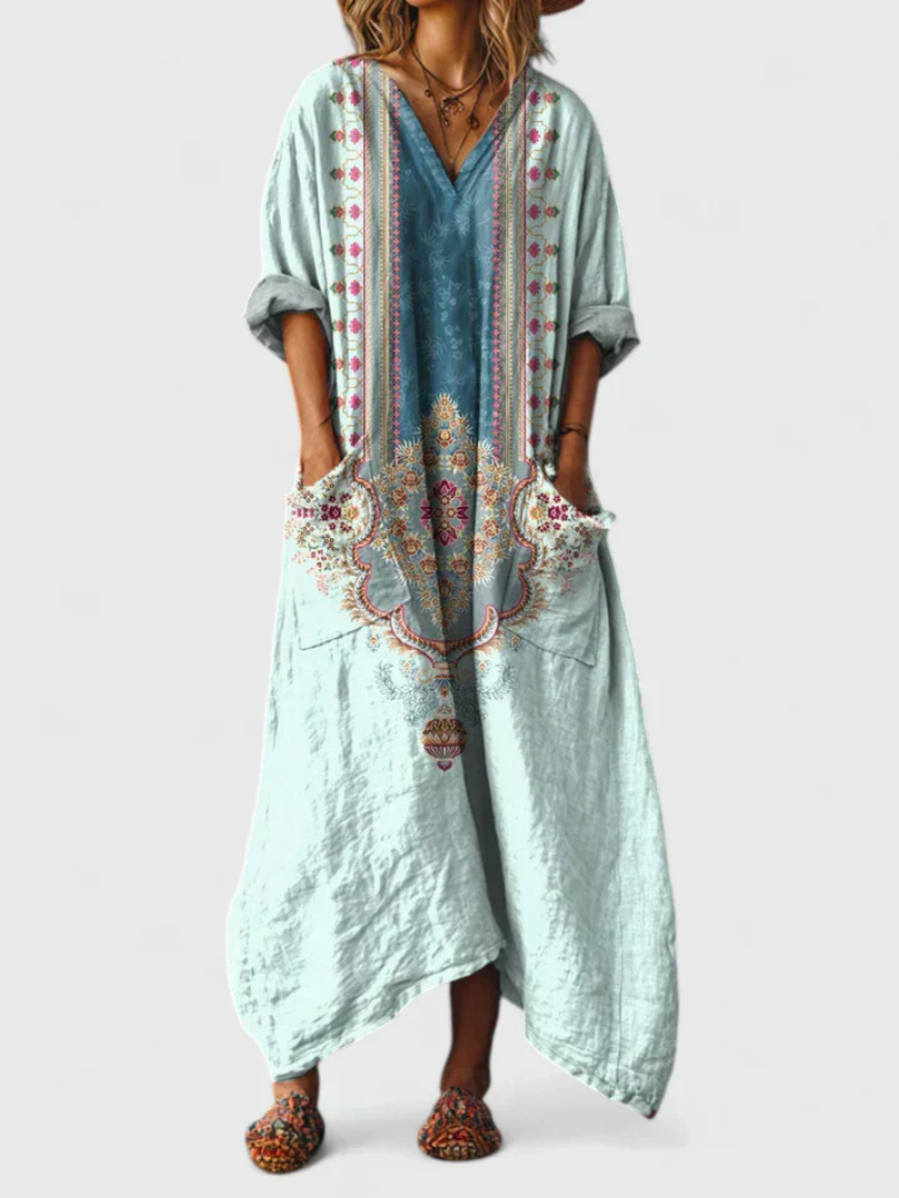 Abstract Print V-Neck Roll Sleeve Kaftan Maxi Dress 8