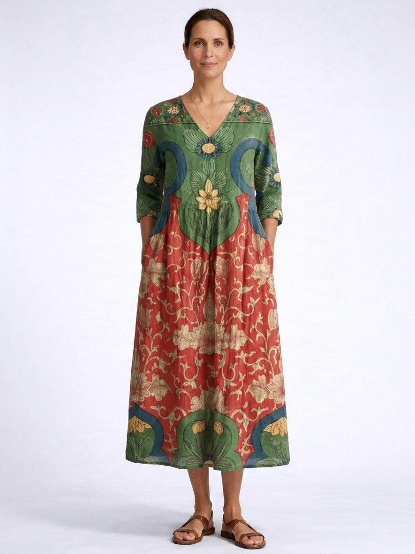 Ornate Floral Print V-Neck Half Sleeve Pocket Midi Dress
