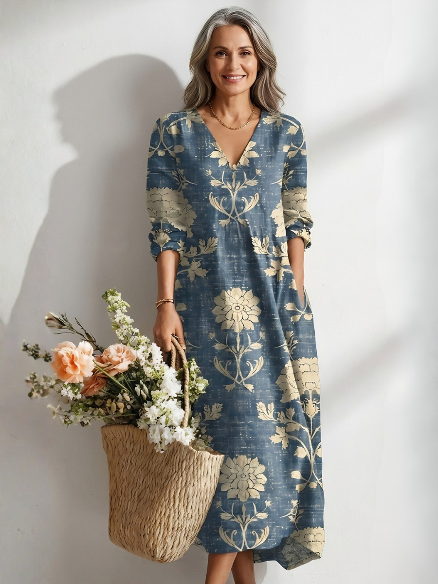 Floral Damask Print V-Neck Long Sleeve Midi Dress 2