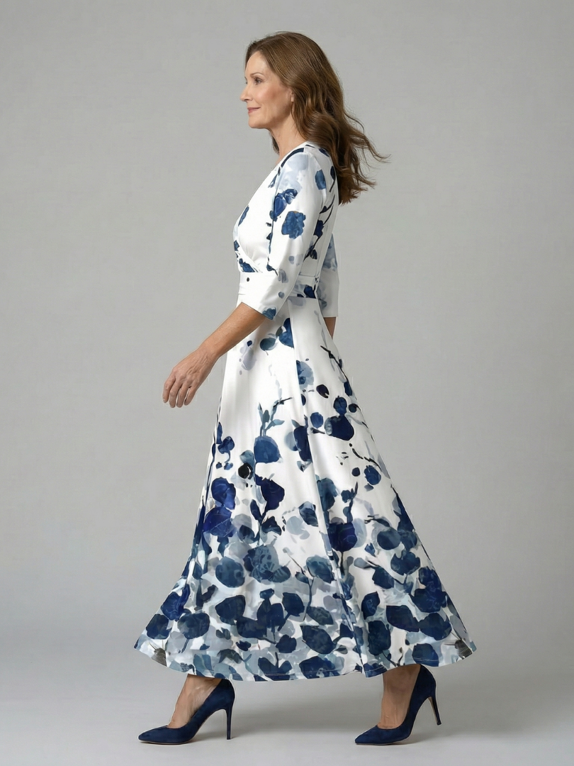 Floral Print Wrap V-Neck Three Quarter Sleeve Maxi Dress 12
