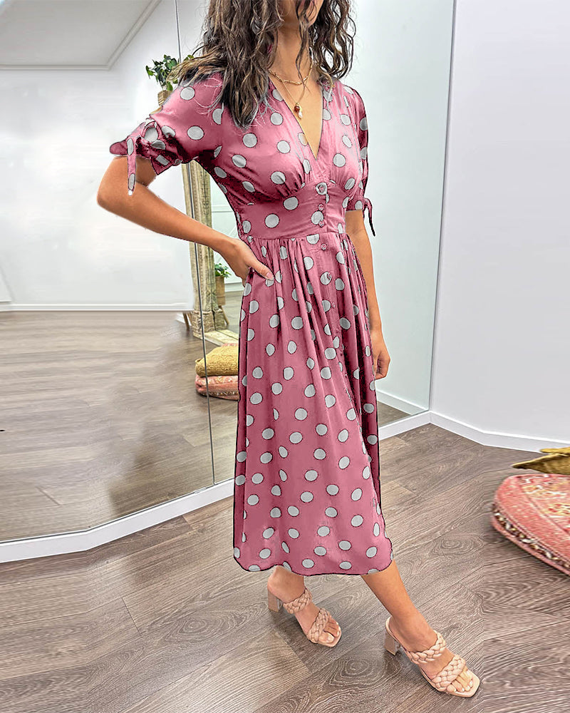 Polka Dot Deep V-Neck Button Front Puff Sleeve Tie Cuff Midi Dress - View 22
