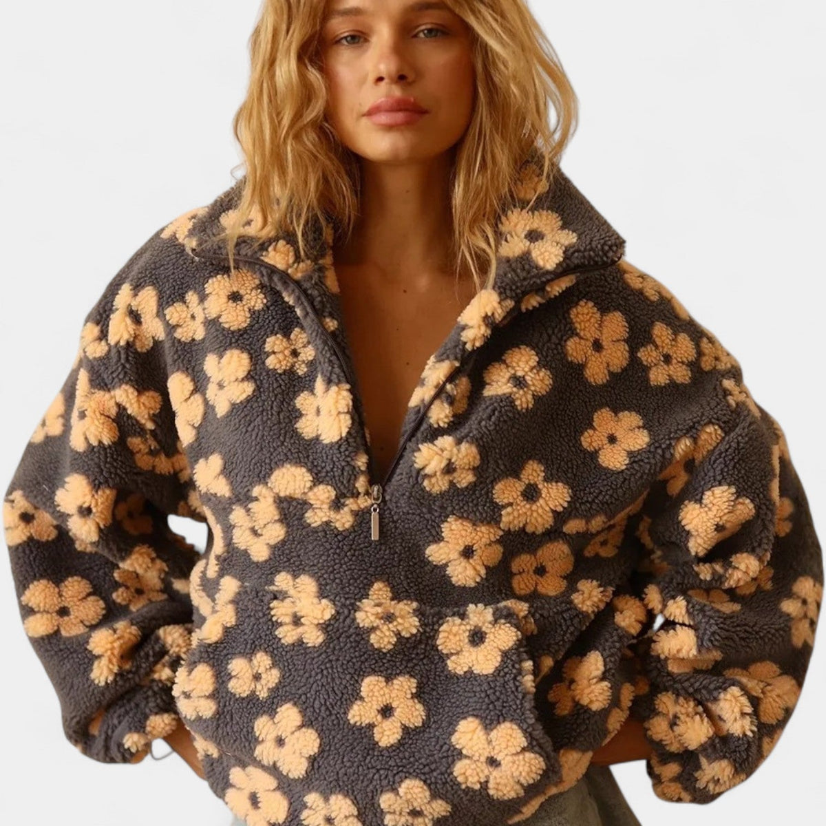 Floral Print Half Zip Collared Sherpa Fleece Pullover