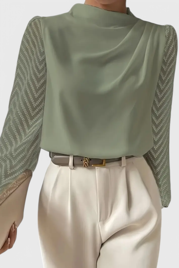 Draped Cowl Neck Sheer Mesh Long Sleeve Blouse 2