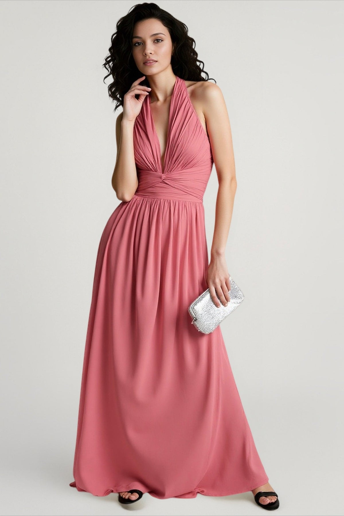 Deep V-Neck Halter Ruched Twist Waist High Split Maxi Gown - View 5
