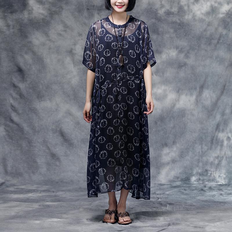 Peace Sign Print Henley Neck Short Sleeve Drawstring Maxi Dress - View 6