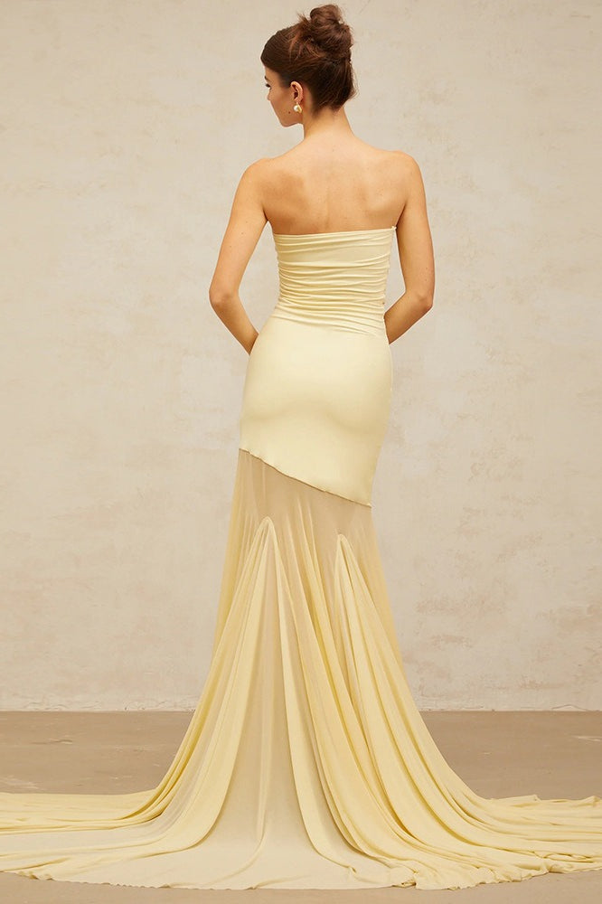 Strapless Ruched Sheer Mesh Mermaid Prom Gown - View 4