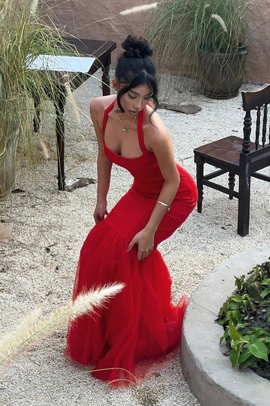 Halter Neck Mermaid Tulle Hem Formal Gown - View 4