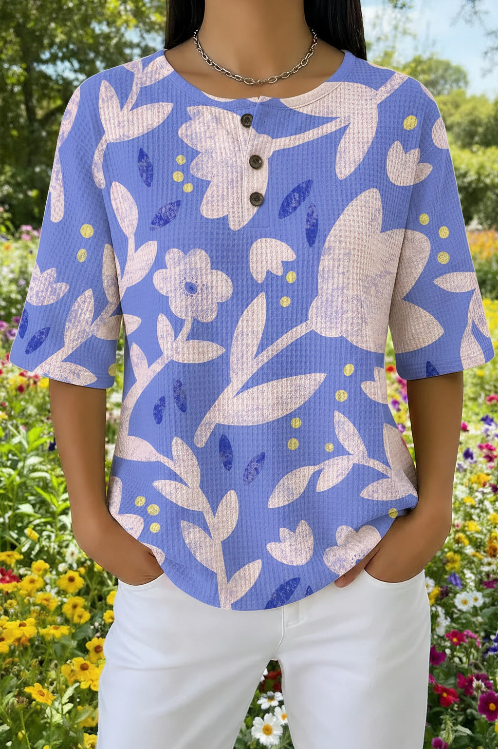 Abstract Floral Short Sleeve Button Henley Waffle Knit Top