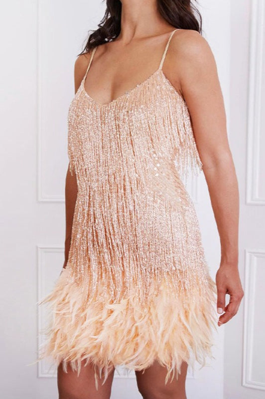 Sequin Fringe V-Neck Feather Hem Mini Party Dress - View 8