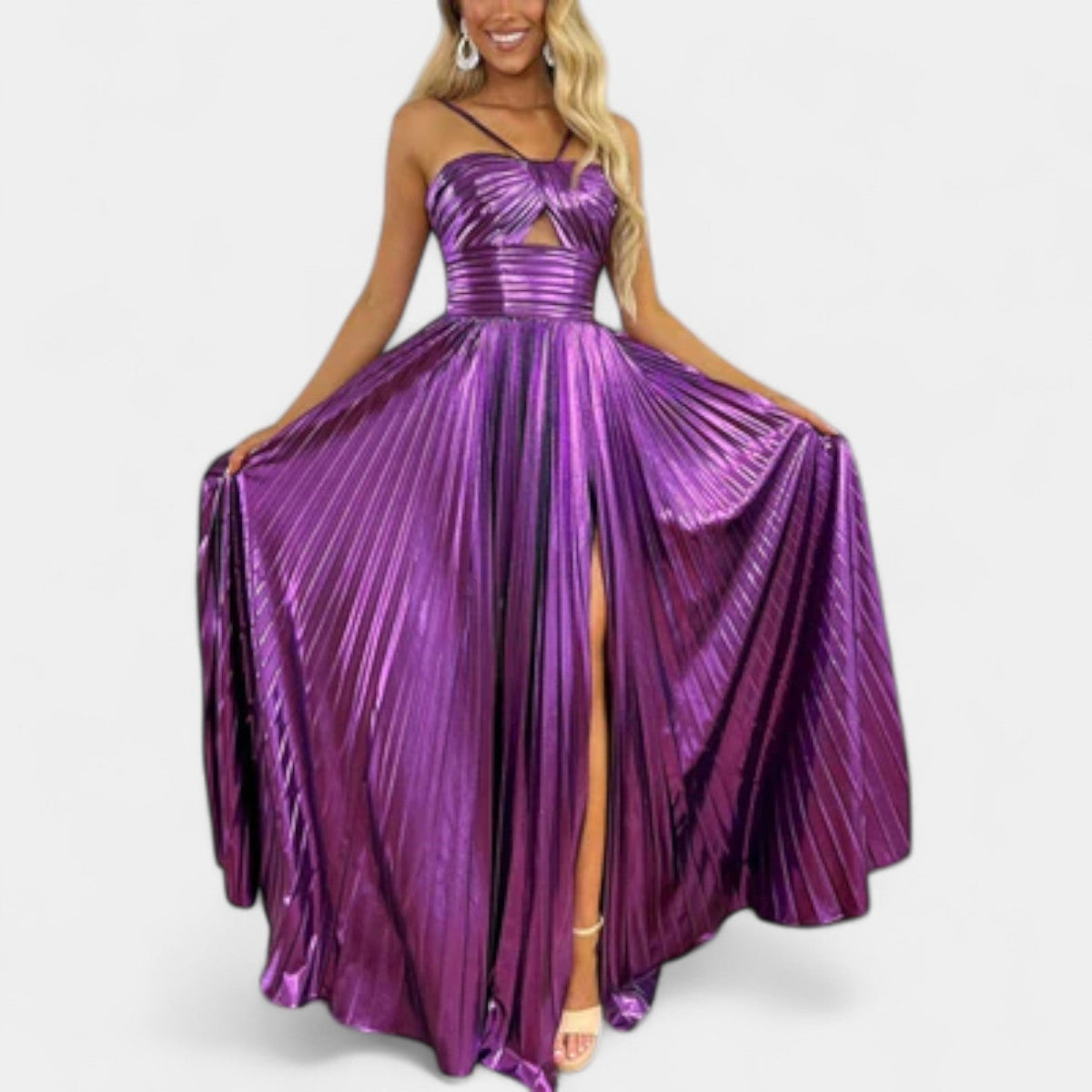 Metallic Pleated Twist Front High Split Maxi Gown 2