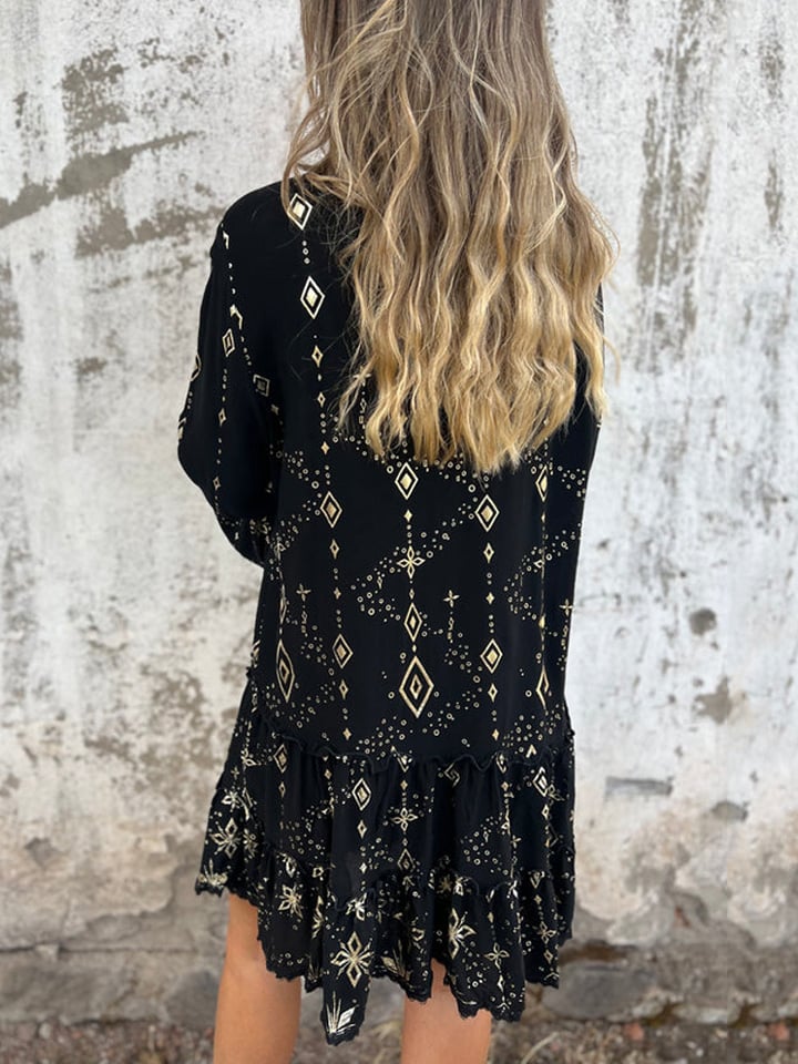 V-Neck Mandarin Collar Button Front Tiered Ruffle Lace Trim Mini Dress - View 5