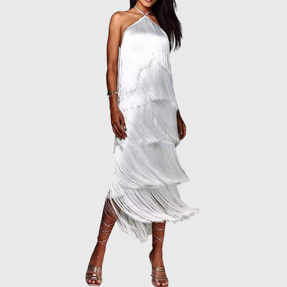 Halter Neck Tiered Fringe Maxi Dress 8