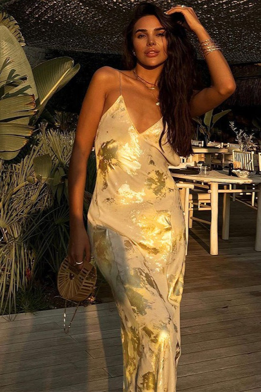 Spaghetti Strap Deep V-Neck Metallic Foil Print Slip Maxi Dress