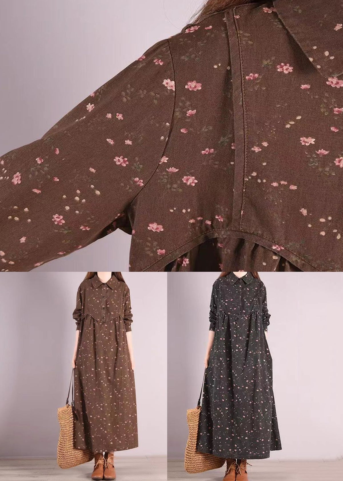 Ditsy Floral Print Collar Button Front Maxi Shirt Dress - View 5