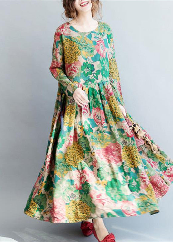 Tropical Print Long Sleeve Crew Neck Flowy Maxi Dress - View 3