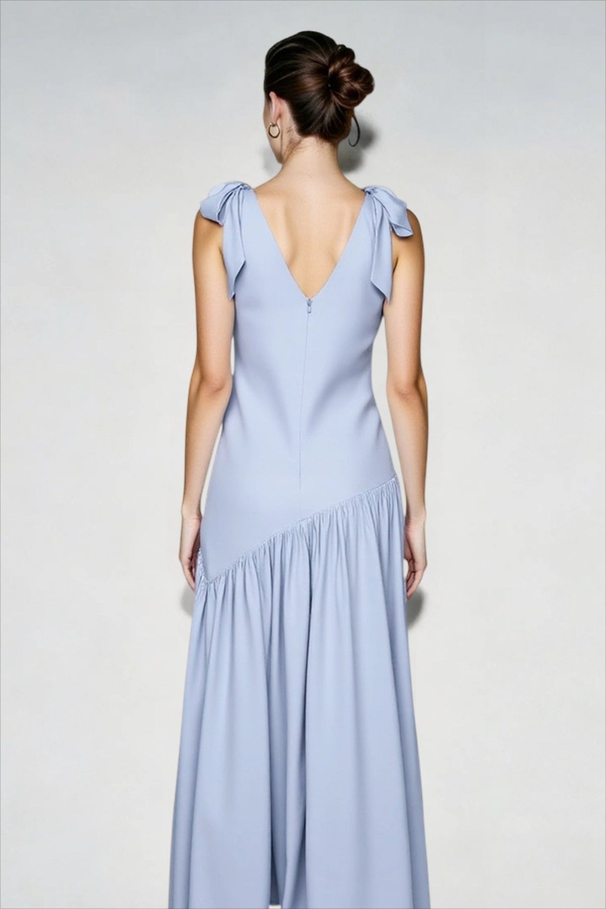 V-Neck Bow Strap Gathered Asymmetric Drop Waist Maxi Gown - View 9