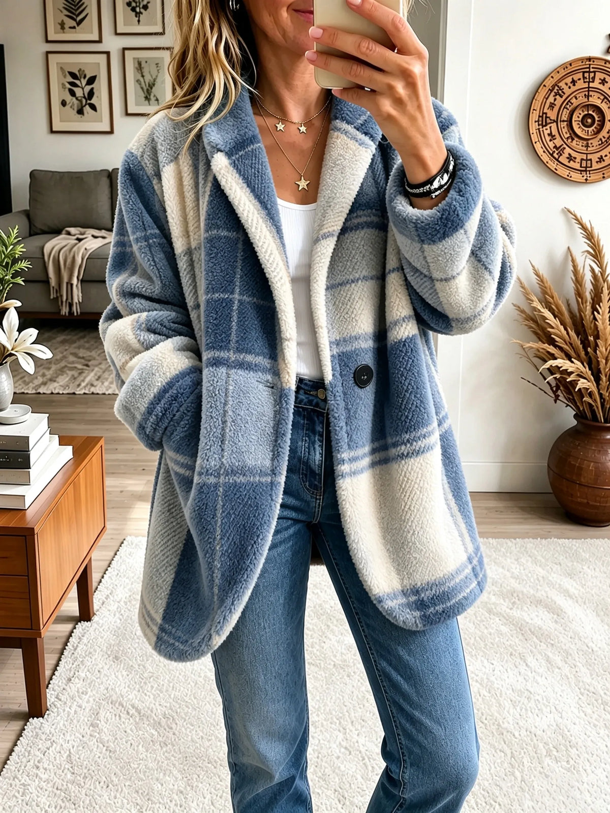 Plaid Notch Lapel Single Button Fleece Coat 8