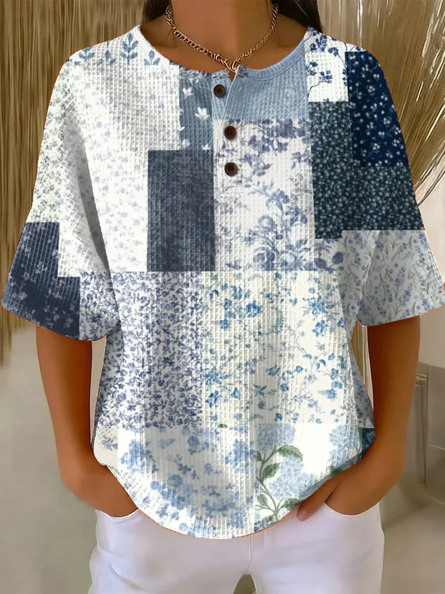 Floral Patchwork Waffle Knit Button Henley Short Sleeve Top
